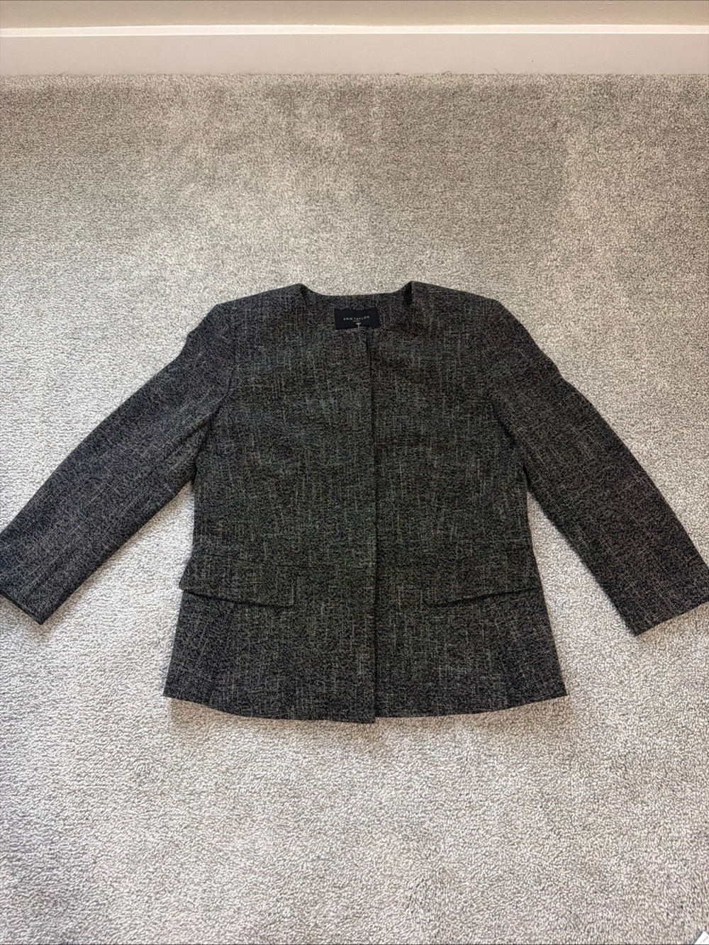 Ann Taylor Black and Gray Tweed Collarless Blazer
